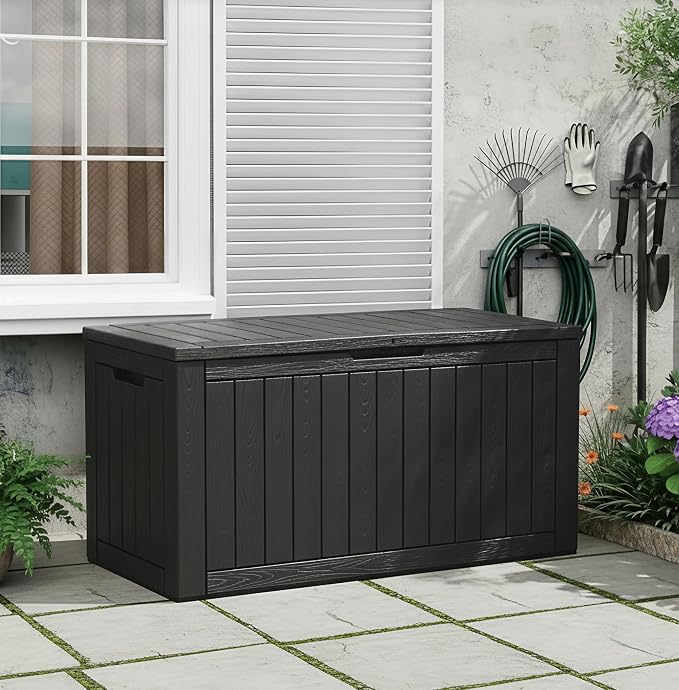110 Gallon Waterproof Large Resin Deck Box, Lockable Large Outdoor Storage Box Indoor Outdoor Storage Container for Patio Cushions, Gardening Tools, Pool Supplies, Black