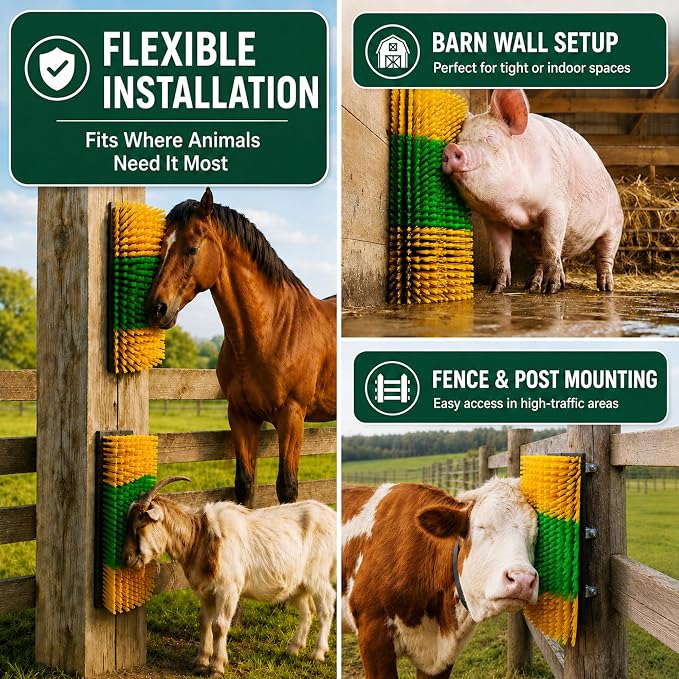 Livestock Scratching Brush 2 Pack for Cattle, Horses and Goats, Bendable Cow Scratcher, Goat Scratching Post and Horse Scratcher with Durable Nylon Bristles and 8 Stainless Steel Screws