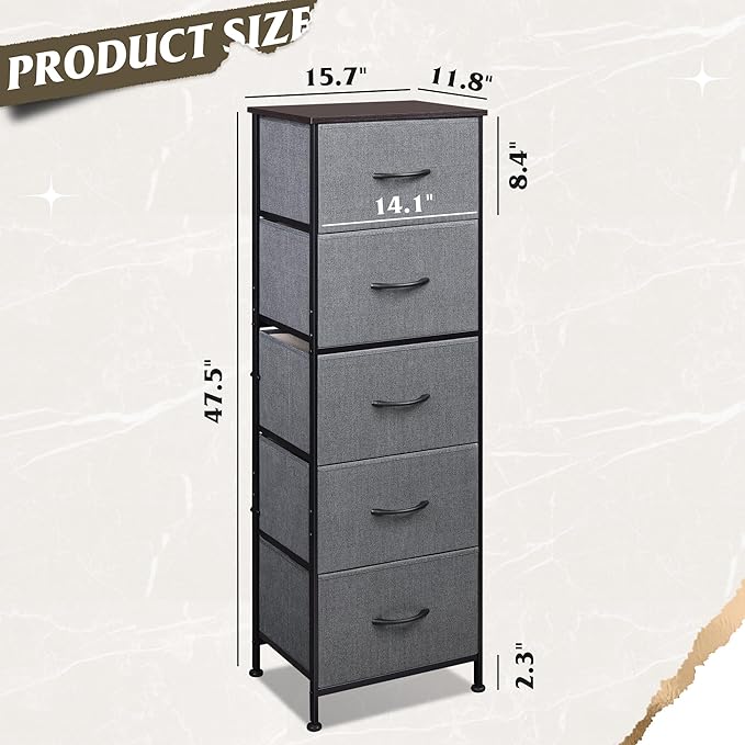 WLIVE Fabric Dresser, 5-Drawer Tall Dressers for Bedroom, Storage Dresser Organizer with Fabric Bins, Wood Top, Sturdy Steel Frame, Chest of Drawers for Closet, Hallway, Dark Grey