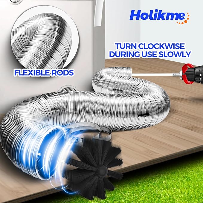 Holikme Dryer Vent Cleaner Kit - 30Ft Fireplace Chimney Brushes Flexible | Dryer Vent Cleaner Brush with Drill Attachment, Removes Years of Lint Buildup, Improves Airflow, Faster Drying & Fire Safety