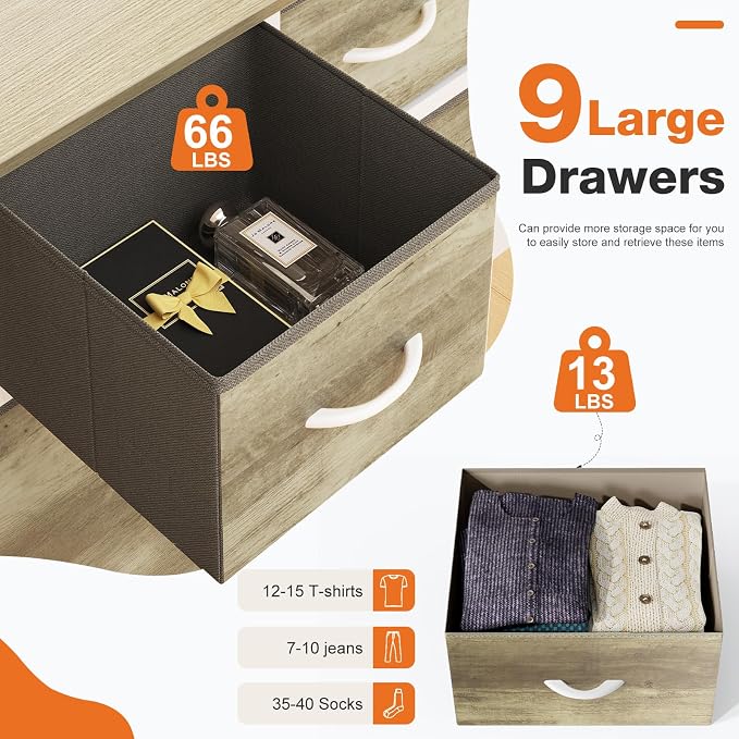Sweetcrispy 9 Drawer Fabric Dresser Storage Tower with Wood Top and Steel Frame, Organizer Chest with Easy Pull Handles for Bedroom, Closet, Hallway,Oak Greige