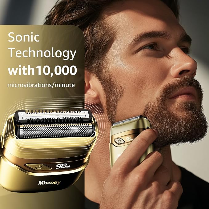 Mbzoey Electric Foil Shavers for Men: IPX7 Waterproof - Light Gold | Mini Razor for Travel- Face Shaver with LED Display & USB-C Fast Charge - Micro-Comb Technology & Precision Blades