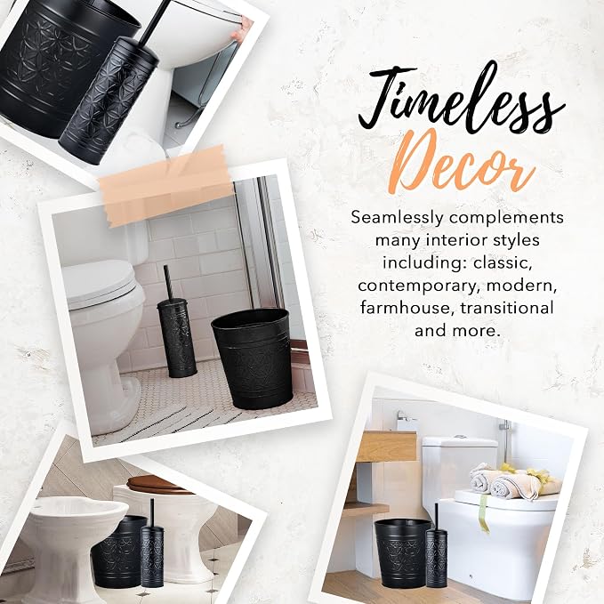 Autumn Alley Handcrafted Black Farmhouse Bathroom Trash Can and Toilet Bowl Brush with Holder Set - Metal Black Bathroom Accessories Set for Classic Bathroom Décor