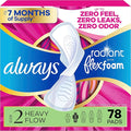 Always Radiant Feminine Pads for Women, Flexfoam Pads with Wings, Size 2, Heavy Absorbency, Lightly Scented, 78 Count (3 Packs of 26)
