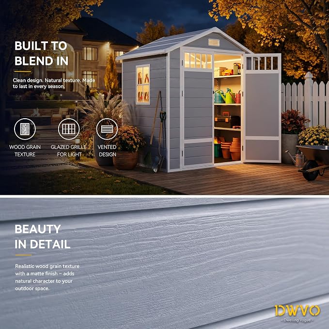 DWVO 6x4.4 FT Outdoor Storage Shed with Fence-Style and Side Windows, Lockable Door and Vents, Resin Storage Shed, Tool Shed for Garden Backyard Patio Lawn