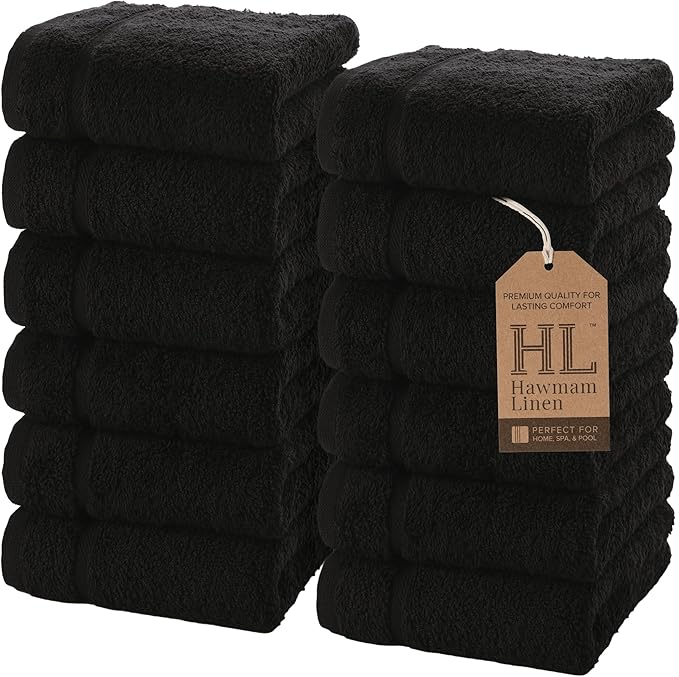 Hawmam Linen Luxury Cotton Washcloths 13x13 Inch - Large Hotel Spa Bathroom Face Towel | 12 Pack | Black