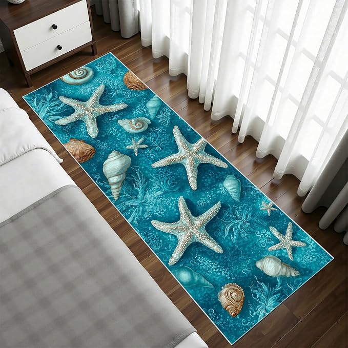 Starfish Conch Hallway Runner Rug 2x8 Washable, Watercolor Ocean Kitchen Rug Non Slip Low Pile, Turquoise Blue Runner Carpet for Entryway Corridor Bedroom Dining Living Room Floor Mat