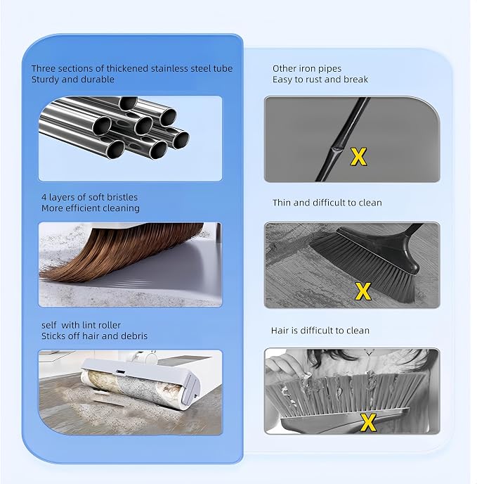SDSM Broom with Dustpan Combo Set, 3 in 1 Multifunctional Broom and Dustpan with 43" Long Handle, Concealed Lint Roller, for Clean Home Kitchen Bathroom Office, Indoor Outdoor Floor