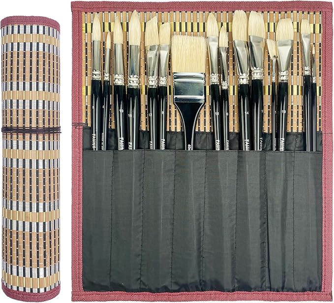 Falling in Art Oil Paint Brush Set, Natural Hog Bristle Paintbrush Set, 15PCS Long Handled Professional Paint Brushes for Acrylic Painting, Oil Paint Brushes with Bamboo Storage Pouch