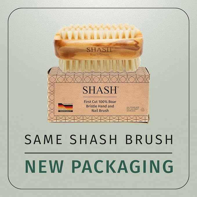 SHASH Made in Germany - 100% First Cut Boar Bristle Nail Brush - Gently Removes Dirt, Grime for Clean Hands - Exfoliates Skin for Soft, Smooth Texture, Wood (Olive)