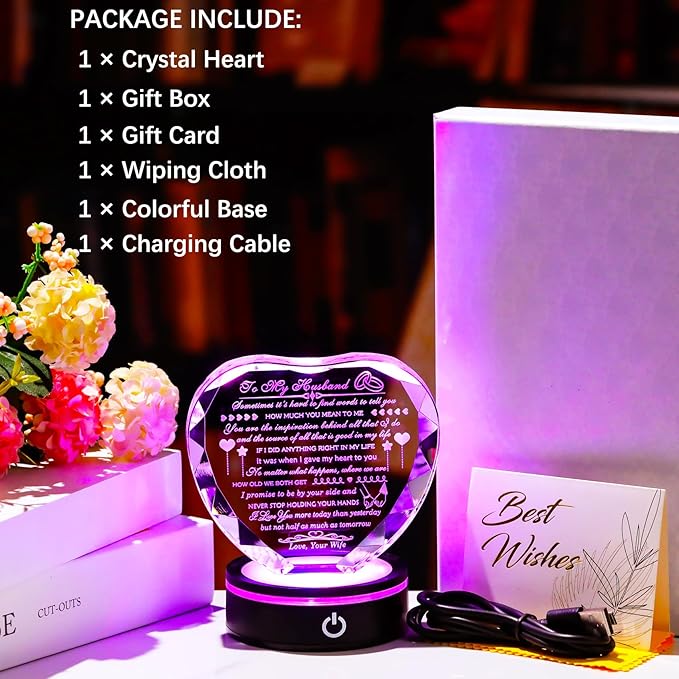 Gifts for Husband with Colorful LED Base Romantic Anniversary Wedding Gifts for Men Crystal Heart to My Husband Birthday Gift from Wife I Love You Gifts for Him on Valentine's Fathers Day Christmas