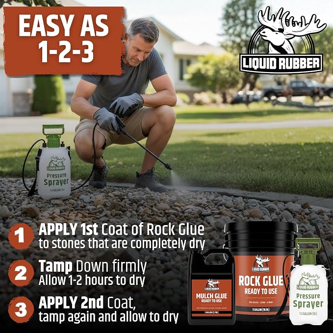 Liquid Rubber Rock Glue for Landscaping - Pea Gravel Stabilizer, 1 Gallon | Professional Grade, Outdoor, Ready to Use - Clear Drying, Permeable, Water-Based for Stone & Pea Gravel, 50 sq ft/Gal