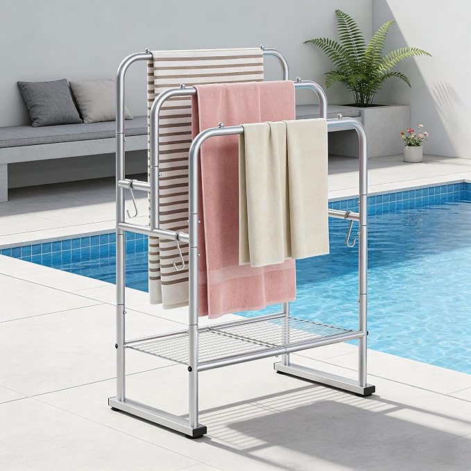 ELYKEN 40" H Freestanding Towel Rack with Shelf, 3 Tier Towel Stand, Silver | Metal Drying Rack for Oversized Bath Towels & Blankets, 4 Hooks, Indoor & Outdoor Use, Fits Bathroom, Tub, Shower, Poolside