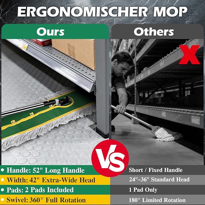 42" Commercial Dust Mop for Floor Cleaning, MASTERTOP Large Flat Mop with Long Handle, Sweeping Broom with 2 Different Mops Pads, Industrial Mop for Hardwood, Tile, Gym, Office, Mall, Warehouse