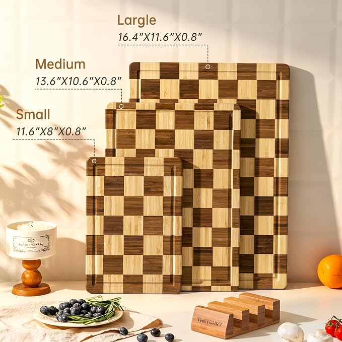 Checkered Cutting Board Set, Bamboo Cutting Board for Kitchen | 3pc, Non-Toxic, with Juice Groove,Wooden Charcuterie Boards, Non Slip Chopping Board, Housewarming Gift