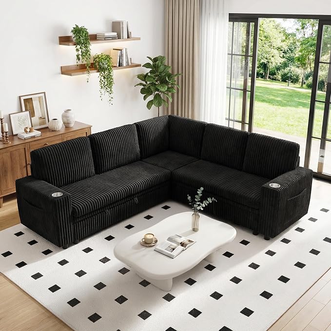 L-Shaped Sectional Sleeper Sofa with Pull Out Bed, Black | Plush Corduroy Modular Couch with Storage, USB Charging, Cup Holders – Cozy Cloud Couches for Living Room, Easy Assembly