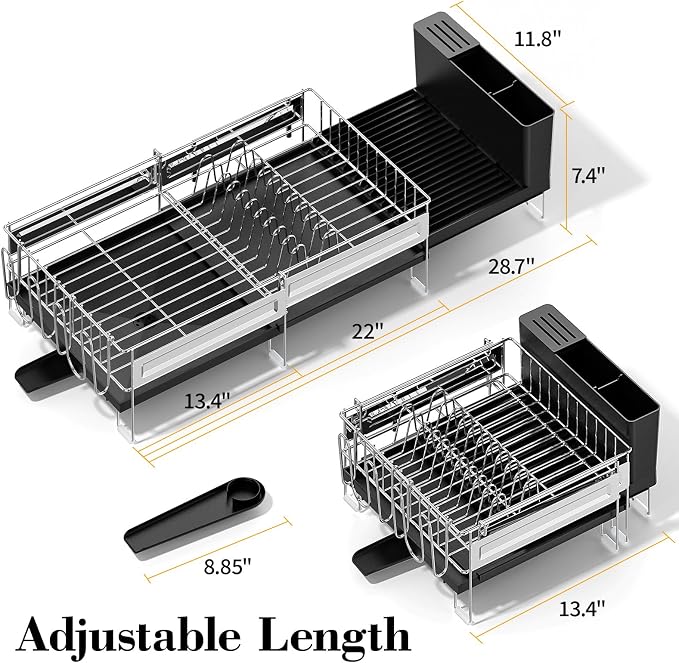 Delamu Large Dish Drying Rack, Stainless Steel Dish Racks for Kitchen Counter, Multifunctional Dish Drainer with Cutlery & Cup Holders, Extendable from 13.4 to 28.7 in, Black