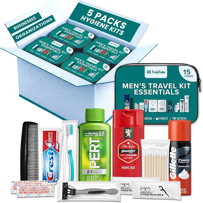 Bulk 5 Case Pack of Mens 15 Piece Set Hygiene Kits, Bulk Travel Size Toiletries Kits, Deodorant, Shampoo, Body Wash, Shaving Cream, Razor, Toothbrush, Toothpaste, Comb, Flossers, Swabs