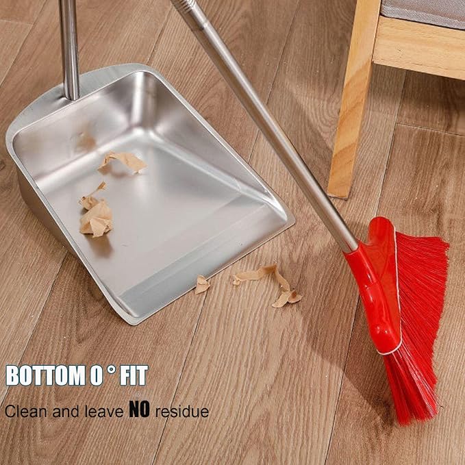 Broom and Dustpan Set with Long Handle for Home, Heavy Duty Stainless Steel Dustpan with Broom, Upright Standing Dust Pan for Sweeping Kitchen and Home Kitchen Office Lobby Flool,A