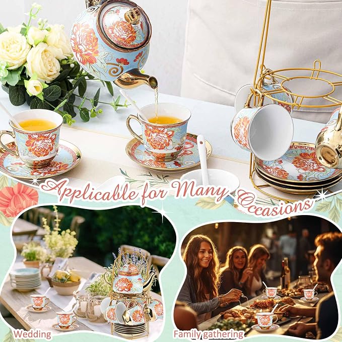 Zhehao 20 Pcs Porcelain Tea Set with Metal Holder and Spoon Adult Ceramic Tea Set European Flower Painting Teapot Cup Saucer Spoon for Women Mom Gift, Large Version (Retro Style)