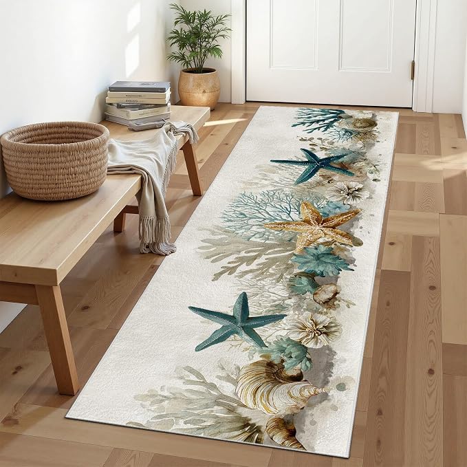 Starfish Coral Washable Runner Rug 2.6x7 - Ocean Seaside Entryway Rug, Ultra-Thin Kitchen Rugs, Marine Life Anti Slip Runner Rugs for Entrance Laundry Room Corridor Bedroom