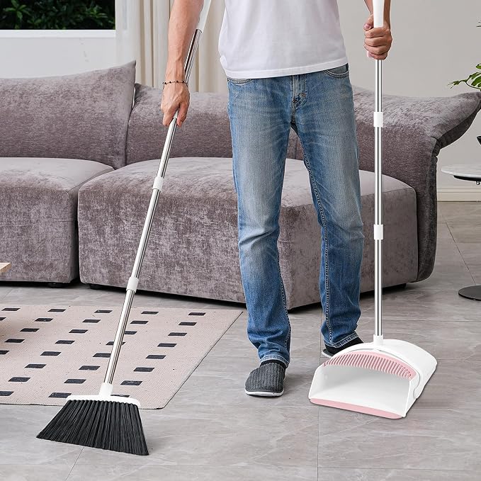 Broom with Dustpan Combo Set for Home, 52-in Long Adjustable Handle Angle Broom and Dustpan Set with Dustpan Comb Teeth for Sweeping Pet Hair Food Dirt Kitchen (White-Pink)
