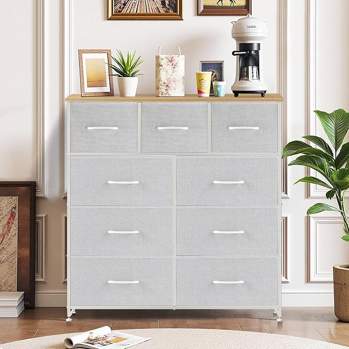 9-Drawer Dresser for Bedroom, Anti-Tip Tall Storage Organizer Chest of Drawers with Wooden Top and Metal Frame Fabric Bins for Closet, Living Room, Hallway, Entryway, Light Gray