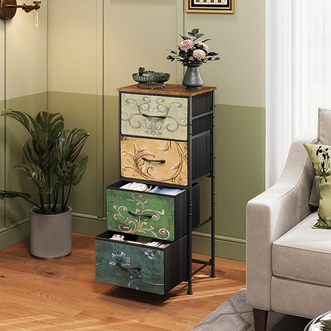 WLIVE Small Dresser Nightstand for Bedroom, 4 Drawers, Floral | 4 vertical fabric drawers, Space-saving tower, Bedroom or closet use, Chest of drawers, Dresser for small spaces