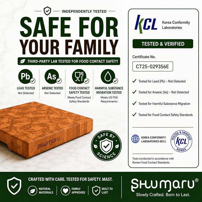 SHUMARU Mahogany End Grain Cutting Board 12.6×12.6×2 in with Holder – Handmade Checkered Butcher Block, Knife-Friendly, Non-Slip Feet, Ergonomic Handles