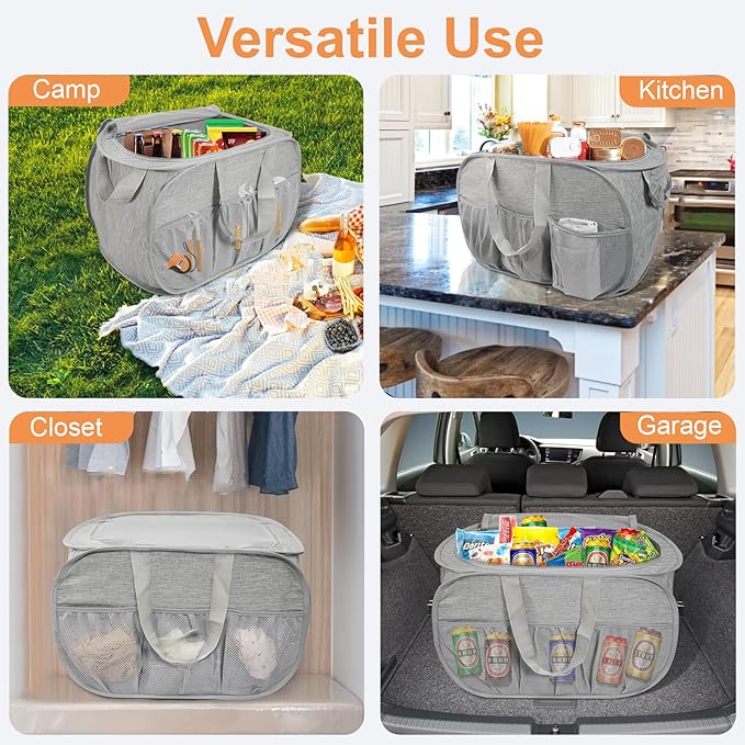 Collapsible Laundry Baskets with Lid, Foldable Laundry Basket with Pockets, Pop Up Laundry Hamper with Dual Handles, 99L Sturdy Hampers for Clothes, Groceries, Supplies, Tools, Grey