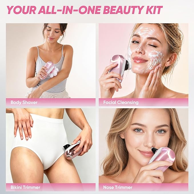 Electric Shaver for Women, Electric Razor with 7D Magnetic Shaver Heads, Wet Dry Bikini Trimmer Kit for Women & Men, Nose Ear Hair Trimmer, USB Rechargeable Clippers, Pink