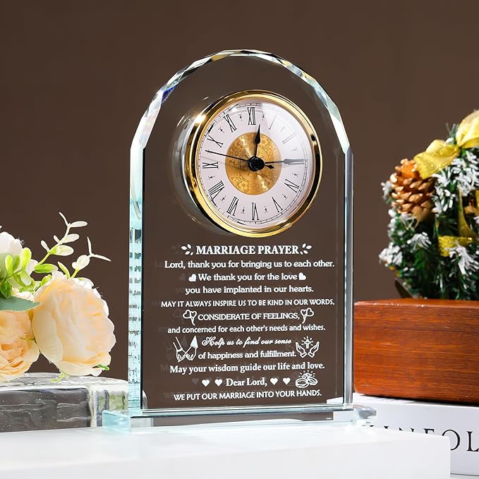 Arikyrist Wedding Gifts for Couples 2026 Glass Clock Anniversary Marriage Prayer Plaque Gifts with Inspiring Quotes, Newlywed Mr and Mrs Gifts Decoration Sign Marriage Blessing Couple Religious Gifts