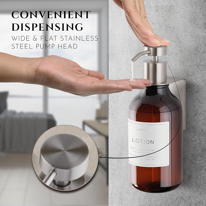 Shower Shampoo Dispenser Wall Mounted – Refillable 16.9 oz Amber Bottle with Stainless Steel Pump & No-Drill Adhesive Holder – Soap Dispenser for Bathroom (1 X Amber/Silver)