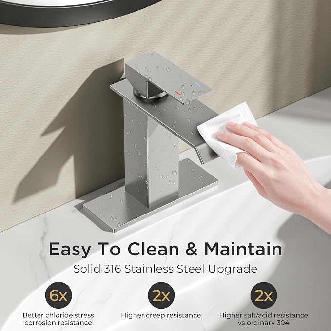 FORIOUS Bathroom Faucet Brushd Nickel Modern Waterfall Bathroom Sink Faucet 1 or 3 Hole Single Handle with Deck Plate and Drain, Suitable for Vanity Rv Camper Commerical
