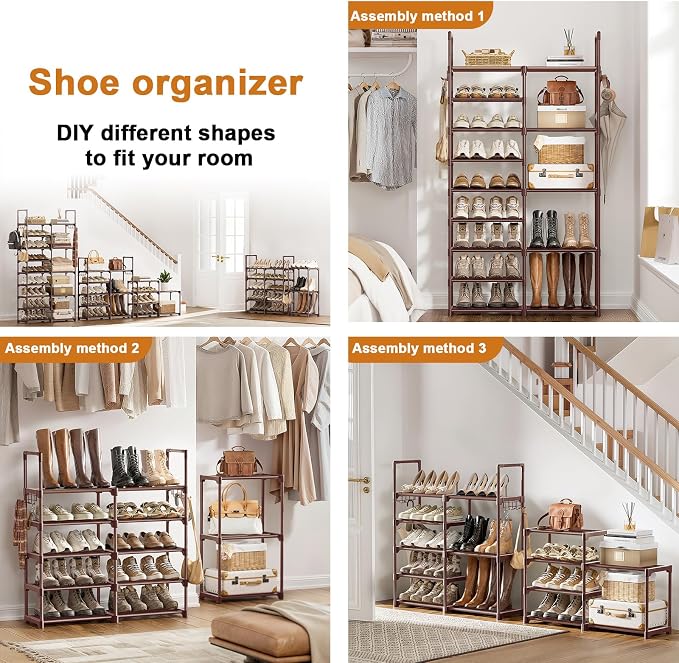 WOWLIVE 9 Tiers Large Shoe Rack Brown Shoe Rack Organizer for Closet 30-35 Pairs Stackable Heavy Duty Shoe Shelf Shoe Storage with Metal Pipes Plastic Connectors