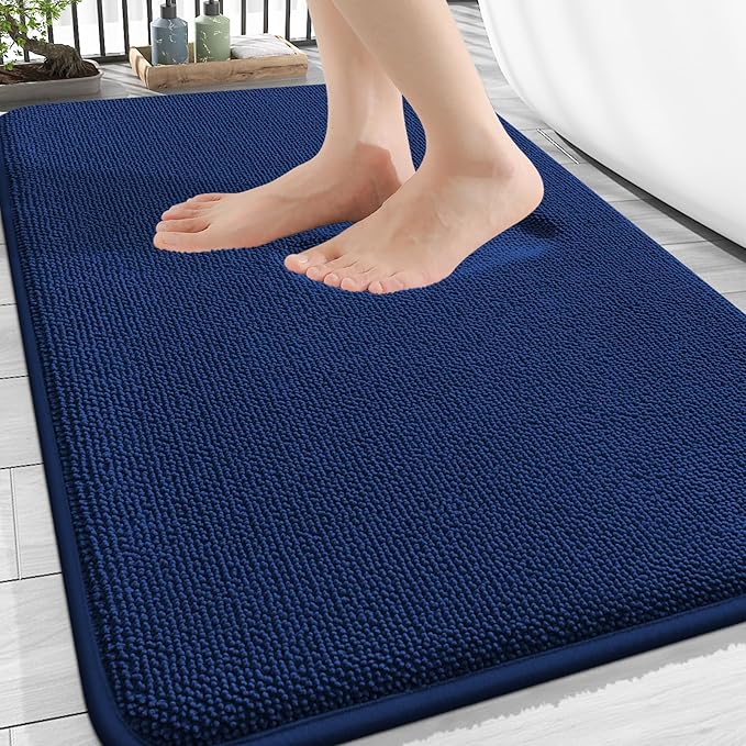 OLANLY Thick Memory Foam Bathroom Rugs 32x20, Soft Absorbent Bath Mat, Navy | Quick Dry Bath Mat Rugs, Non-Slip Mats, Machine Washable Carpet for Bathroom Floor, Tub and Shower, Home Decor Accessories