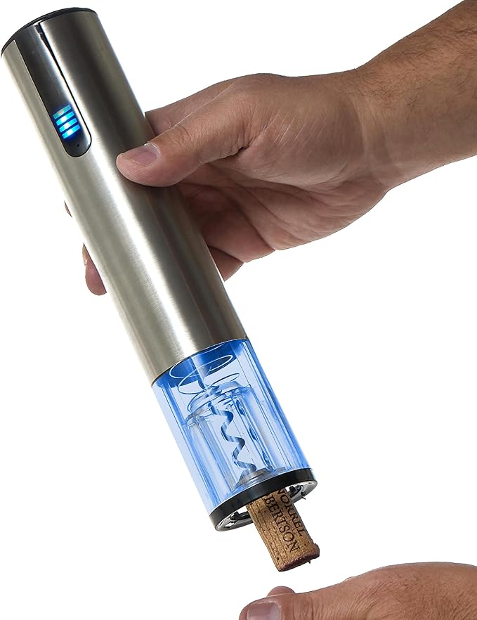 Wine Enthusiast 2-in-1 Electric Blue Automatic Wine Bottle Opener and Preserver Set – Fully Electric Corkscrew with Charging Station – Seal Bottle with Vacuum Stopper (7 Piece Set)