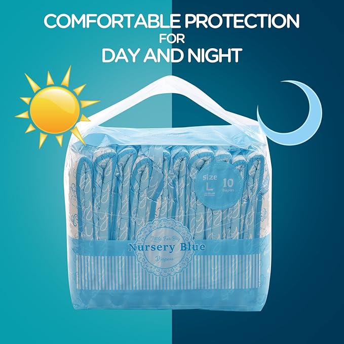 Littleforbig Adult Printed Diaper 10 Pieces - Nursery Blue (Large 36"-46")