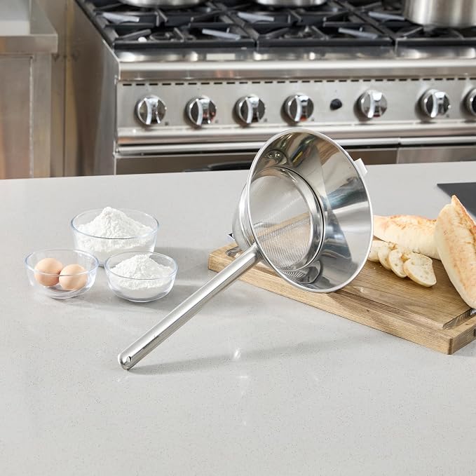 Restaurantware Chinois Strainer 1 Count 10.2" Stainless Steel Bouillon Cone with Extra Fine Mesh China Cap Strainer for Sauces, Stocks, Soups, Broths, Sifting, Sieving, Professional Kitchen Tools
