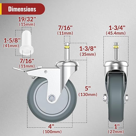 HOLKIE Stem Caster Wheels 4 inch Locking Casters Set of 4, 7/16-Inch Stem Diameter Swivel Castor Heavy Duty TPR Rubber Replacement Castors for Cart, Stool, Mop Bucket, Grill, Shop Vac