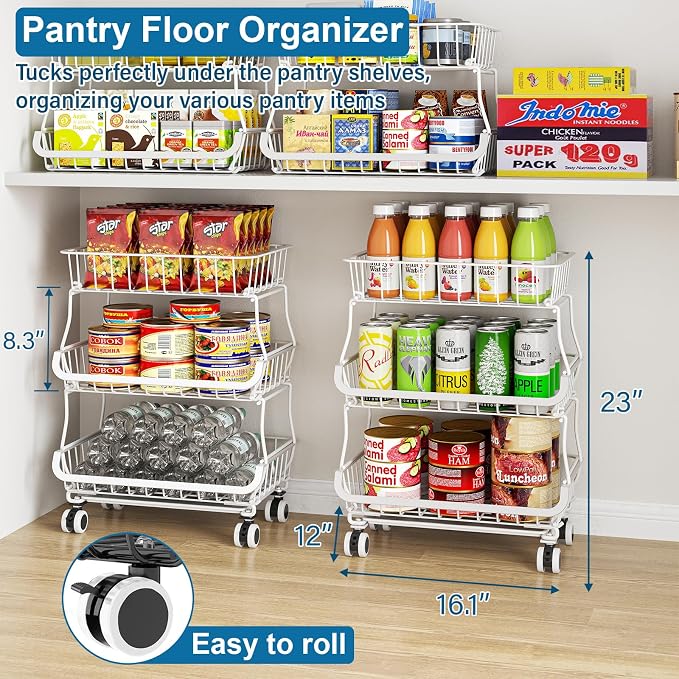 OKZEST 3-Tier Rolling Pantry Floor Organizer and Storage Cart with Wheels, Stackable Wire Pantry Baskets for Pantry Shelves, Kitchen Storage Rack and Fruit Basket Stand for Fruit Snack Onion Potato