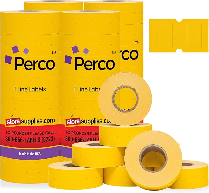 Perco 1 Line Yellow Labels - 32,000 Blank Price and Date Gun Labels for Perco Lite, X, Plus and Pro 1 Line Price and Date Guns - 32 Rolls, 4 Sleeves - Made in USA