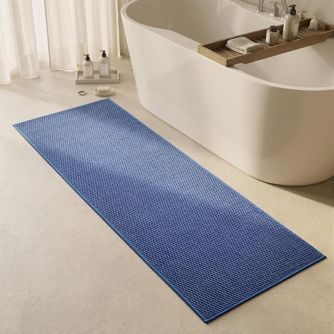 Triohero Bathroom Runner Rugs, Long Bath Mat Runner Washable Thin Quick Dry Low Pile Bathroom Runner Rugs Non Slip, Denim Blue 24"x70"