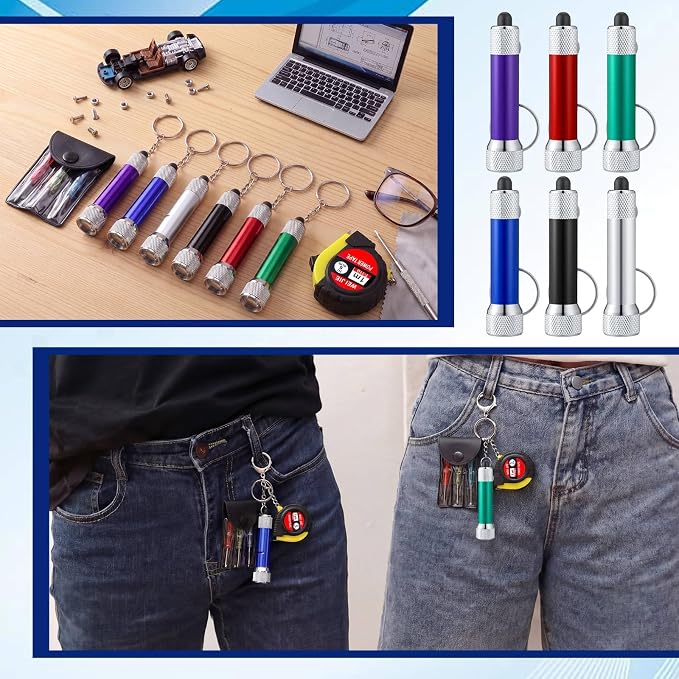 Jutom 54 Pcs Mini Tape Measure Keychain Screwdriver LED Light Keychain Bulk Men Adult Tool Party Gifts Prize for Man Father's Day Housewarming Gifts Adult Useful Tool Favors (Colorful)