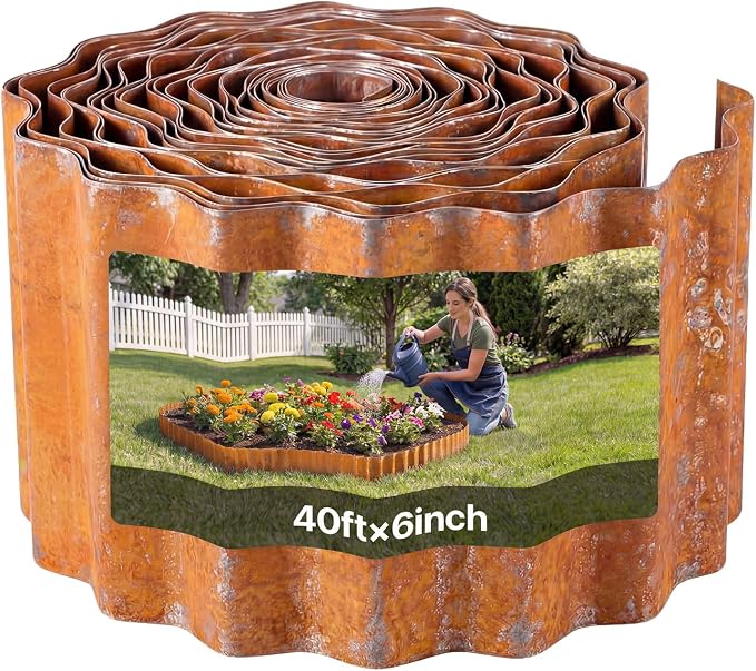 VEVOR Carbon Steel Landscape Edging, 40 ft x 6 in Steel Edging for Landscaping with Gloves, Easy-to-Install Bendable Metal Strips, Metal Garden Edge Border for Flower Bed, Yard Pathway, Rust