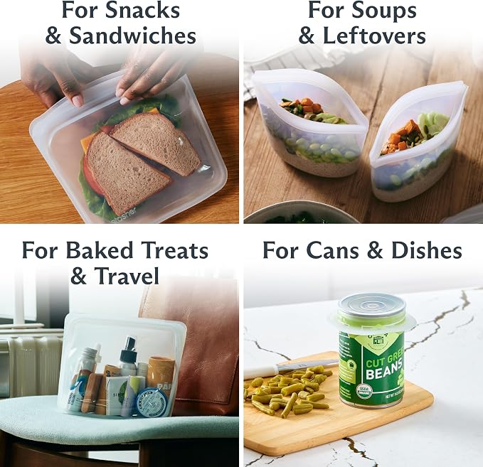 Stasher Reusable Silicone Bags and Stretch Lids, 10-Pack Starter Kit, Clear | Food-Safe Silicone, Eco-Friendly, Reusable Freezer Bags, Microwave, Dishwasher, Oven, Snack Bags, Lunch Containers, Meal Prep