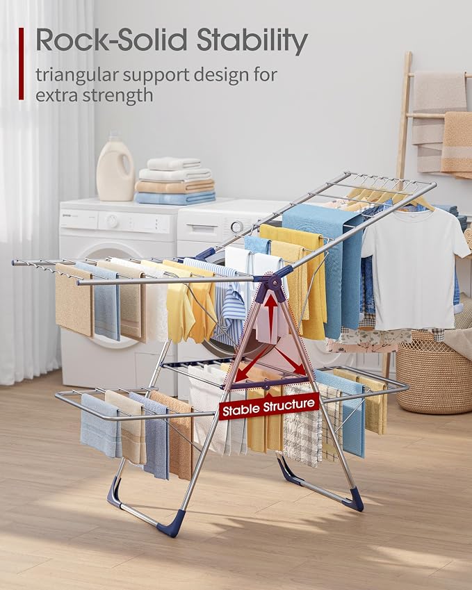 Sakugi Clothes Drying Rack, Foldable 2-Level Laundry Drying Rack with Height-Adjustable Wings, for Clothing & Bedding, Free-Standing Space-Saving Rack, Indoor & Outdoor, 55.5"L × 22.8"W, Silver Blue