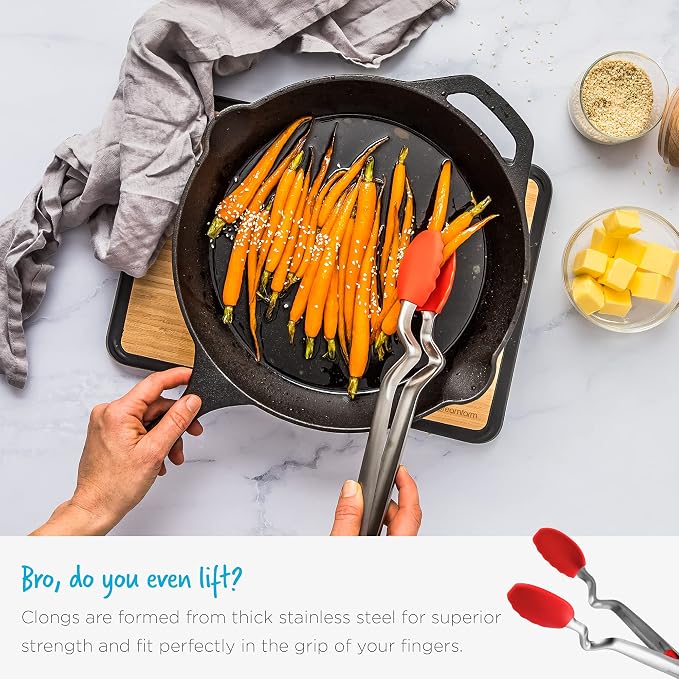 Dreamfarm Clongs Grippy Silicone & Stainless Steel Kitchen Cooking Tongs with Click-Lock Open & Close - 9" Black | Stainless steel, strong-grip non-stick safe tips, one-handed button lock open and close, sit-up handles for mess free benches