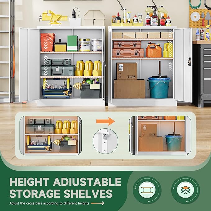 Metal Storage Cabinets with Lock Door,2 Adjustable Shelves Organizer Steel Storage Cabinets for Home,Office,Warehouse,Garage,Employee Lockers(White)