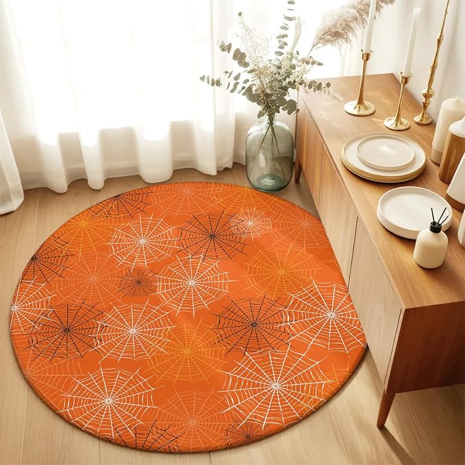 Round Area Rug 4', Orange Halloween Washable Area Rugs for Kitchen Bathroom Bedroom Office Dining Room, Black White Net Halloween Non Slip Door Mat Indoor Entrance Floor Throw Circle Carpet